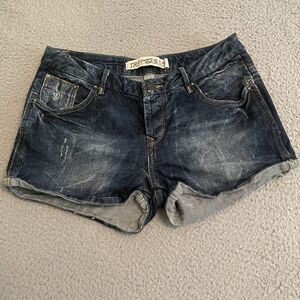 TRF ZARA Button Fly Medium Wash Cuffed Denim Blue Jean Shorts Pockets Womens 6